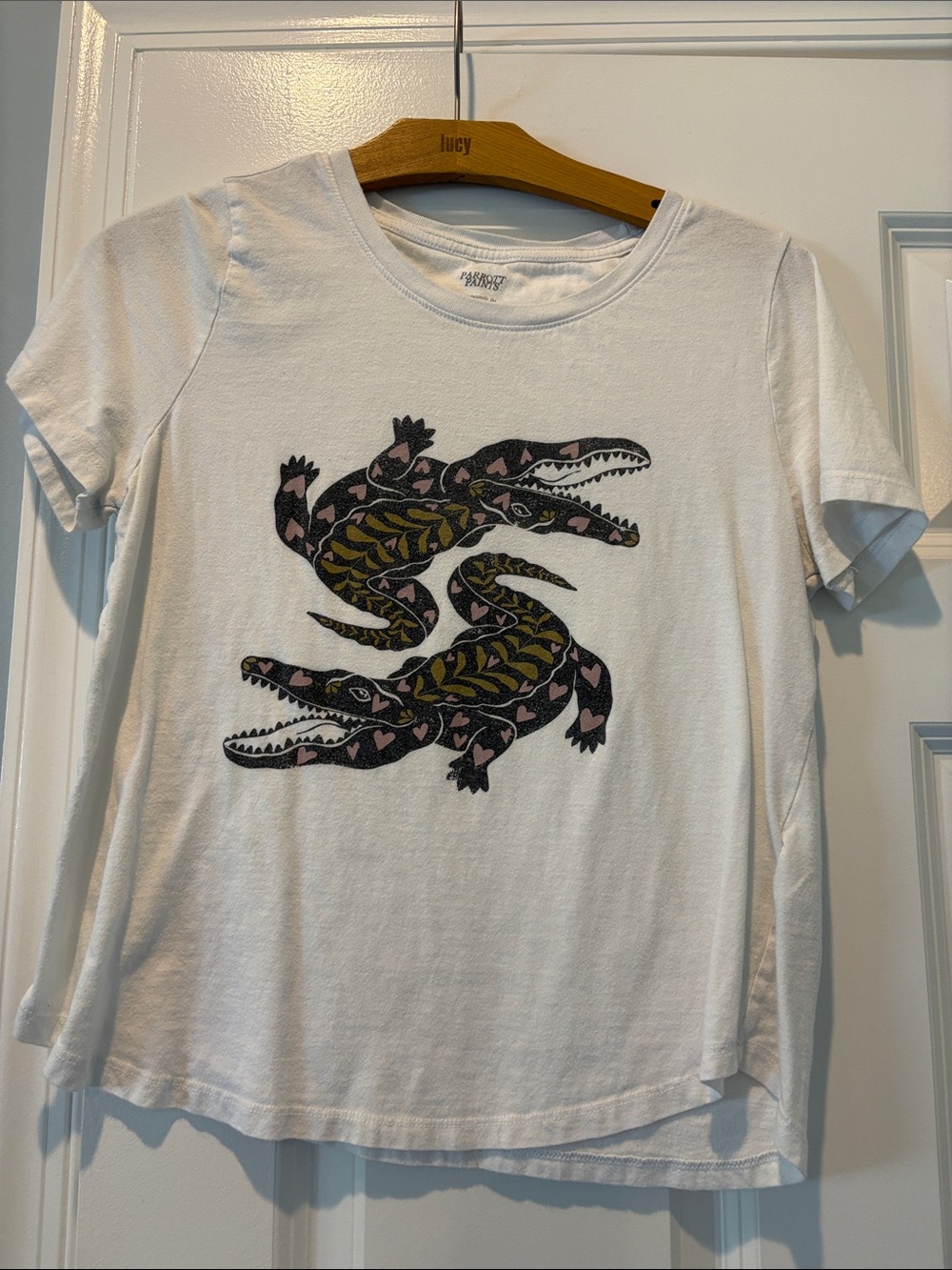 Maeve White Reptile Graphic Tee with Pink & Olive Crocodile Design